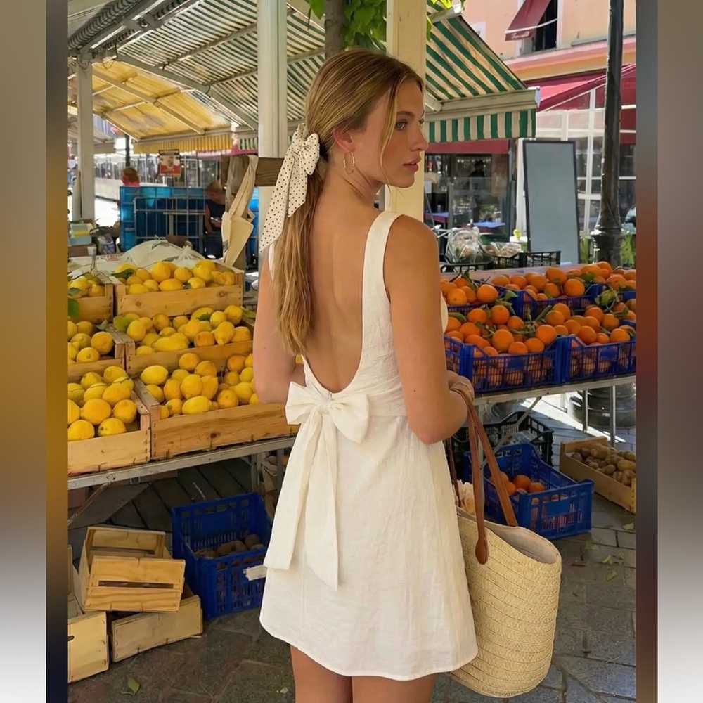 Cider LINEN-BLEND BOAT NECK SOLID KNOTTED BACKLESS MINI DRESS EA-2 L